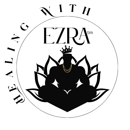 Silhouette of a male athletic upper body seated in lotus position, his legs are in the shape of a heart. He's wearing two necklaces, one gold one white. He wears a crown that is tilted showing negative white space indicating an open mind. He sits a lotus flower throne.